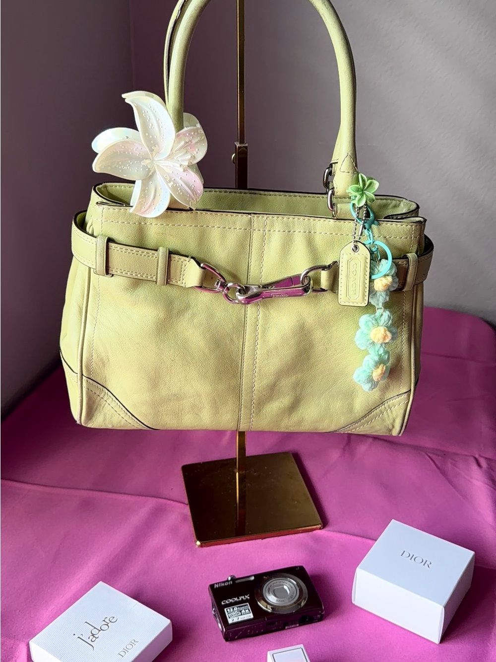 Coach Light Yellow Leather Shoulder Bag with Floral Charm